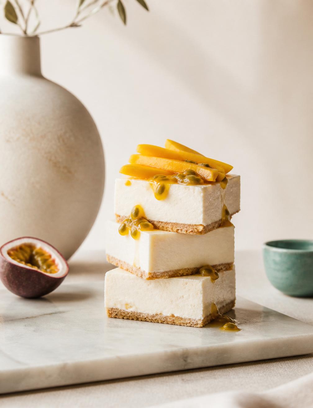 Barras de cheesecake con mango y maracuyá